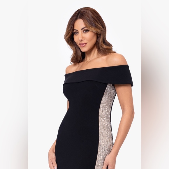 XSCAPE EVENINGS
"BRIANNA" OFF THE SHOULDER JERSEY KNIT CAVIAR BEADED GOWN - Picture 5 of 10